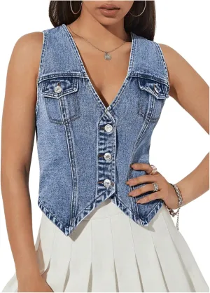 Verdusa Women's V Neck Asymmetrical Hem Sleeveless Button Front Denim Vest Top