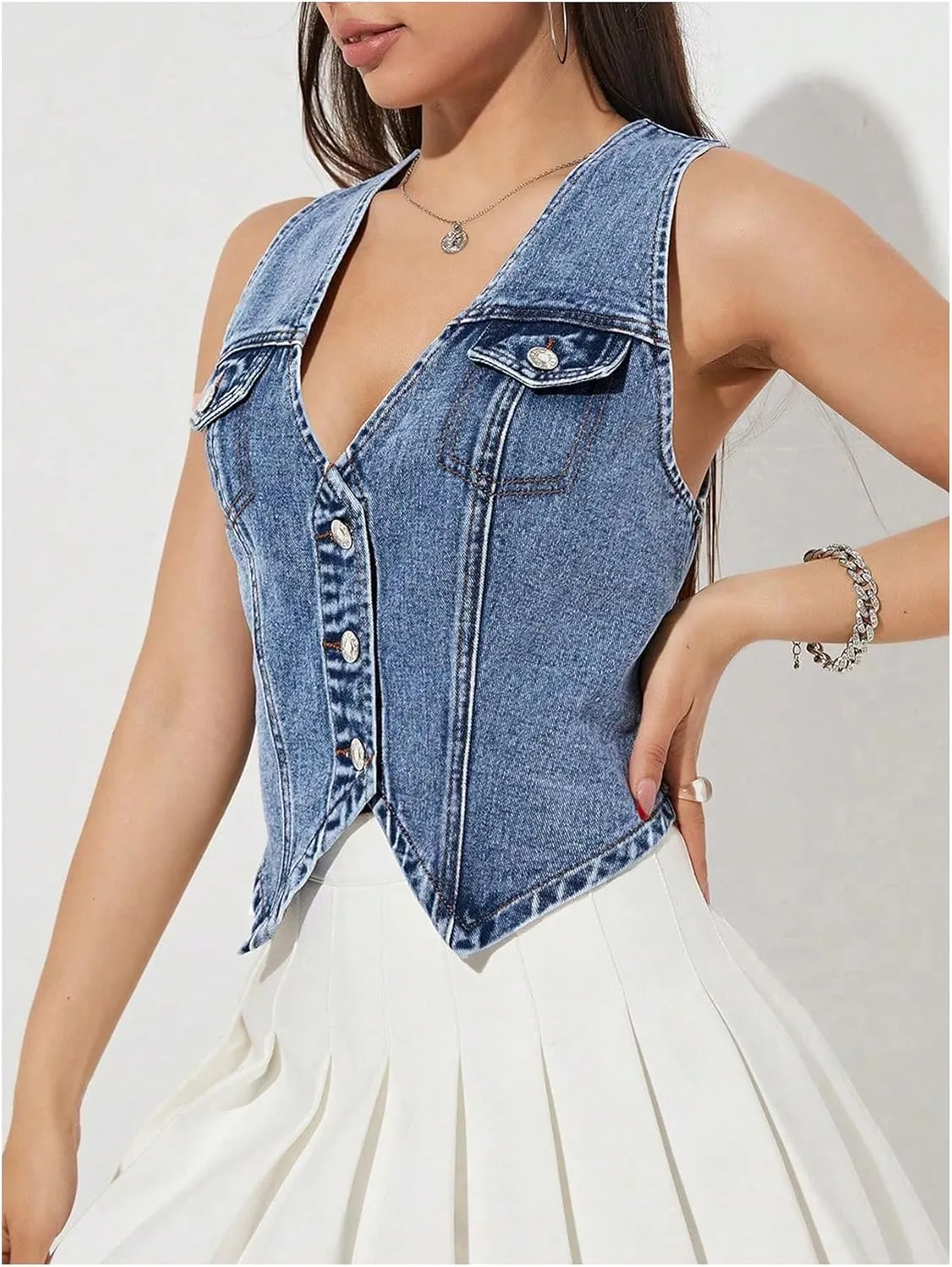 Verdusa Women's V Neck Asymmetrical Hem Sleeveless Button Front Denim Vest Top