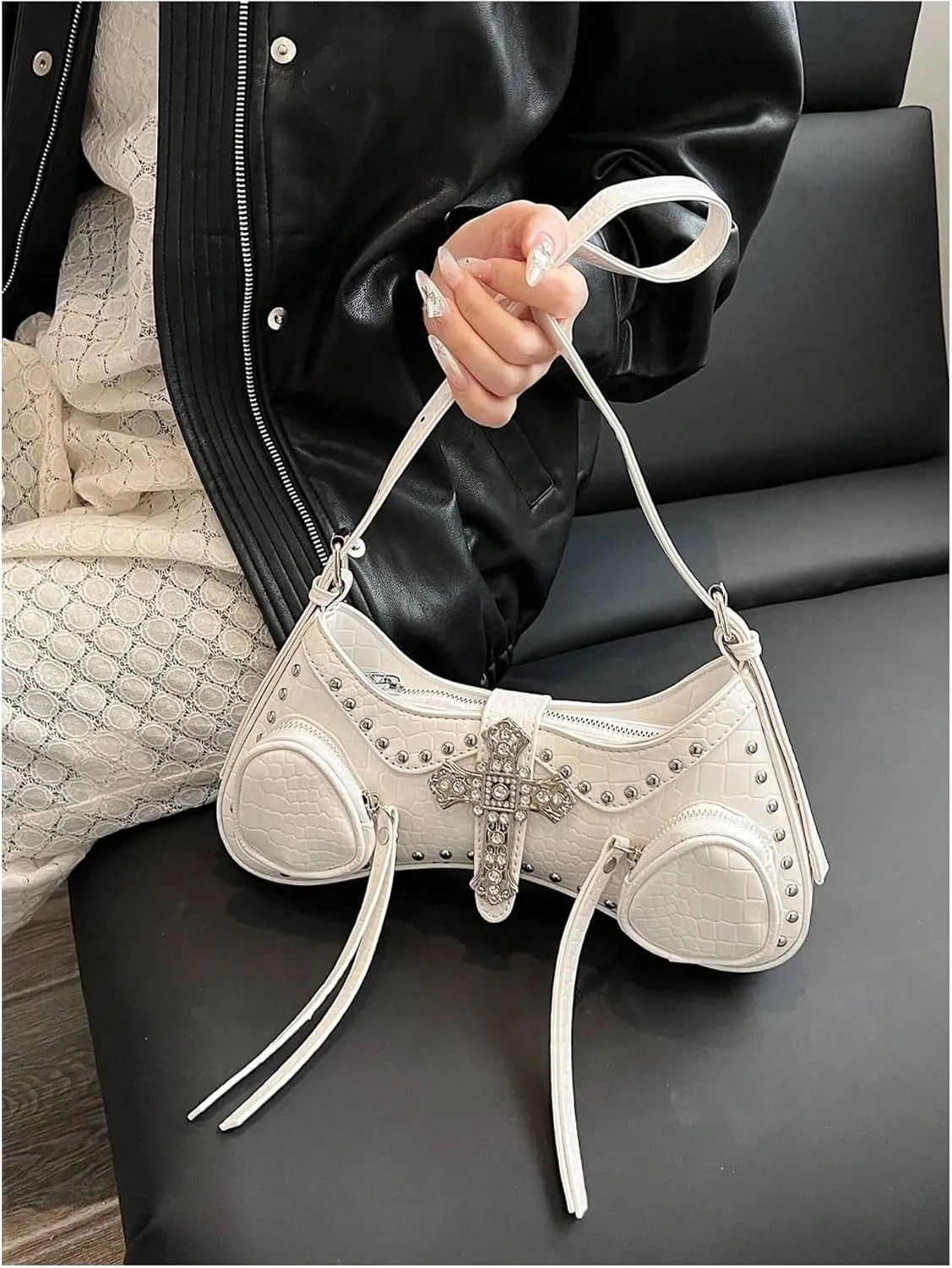 Verdusa Women's Y2k Studded Cross Shoulder Handbags Punk Top Handle Crescent Underarm Bags
