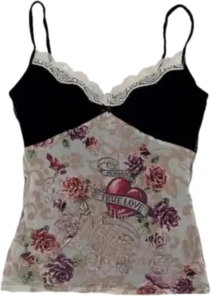Vintage Camisole Emo Floral Cropped Top Spaghetti Strap Tops Y2k Leopard Print Cheetah Tops Grunge 2000s