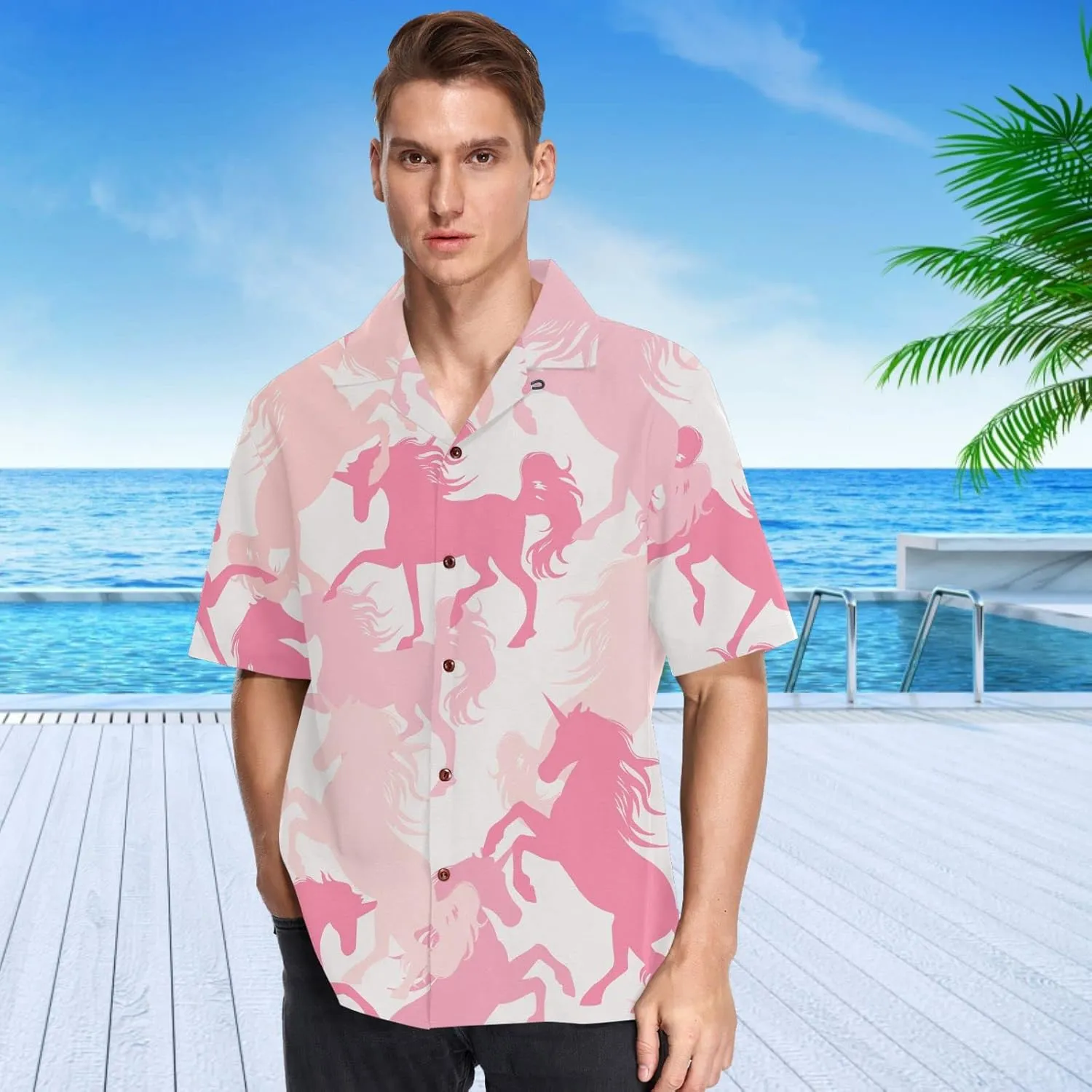 visesunny Stylish Men's Seasonal Hawaiian Print Button Down Short Sleeve Shirt Beach Clothing Unisex S-XXXL