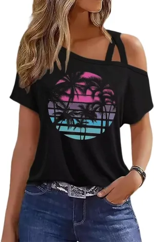 VKEGNIO Criss-Cross One Shoulder Tops Sexy Cold Shoulder Shirts Summer Short Sleeve T-Shirts Vacation Loose Casual Tees