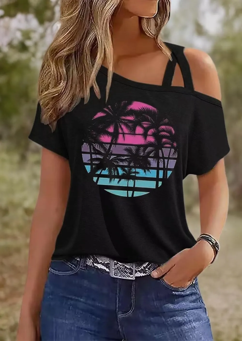 VKEGNIO Criss-Cross One Shoulder Tops Sexy Cold Shoulder Shirts Summer Short Sleeve T-Shirts Vacation Loose Casual Tees