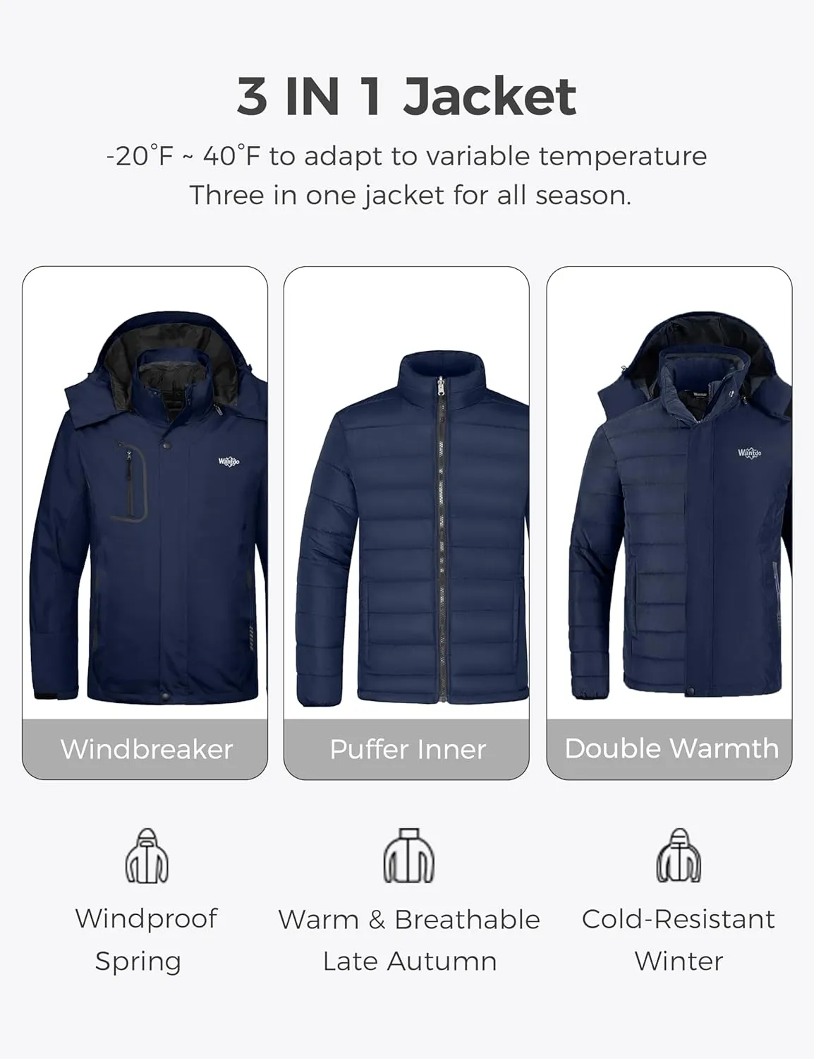 wantdo Men's 3 in 1 Waterproof Ski Jacket Warm Winter Snow Coat Puffer Rain Jacket