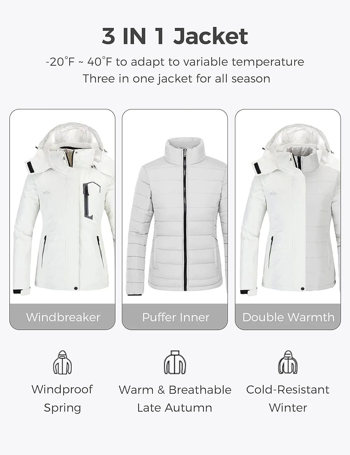 wantdo Women's 3 in 1 Waterproof Ski Jacket Mountain Snowboarding Jacket Winter Snow Coat