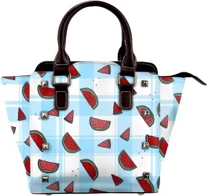 Watermelon Blue Check Women Leather Handbag Rivet Shoulder Bag Top Handle Satchel Purse