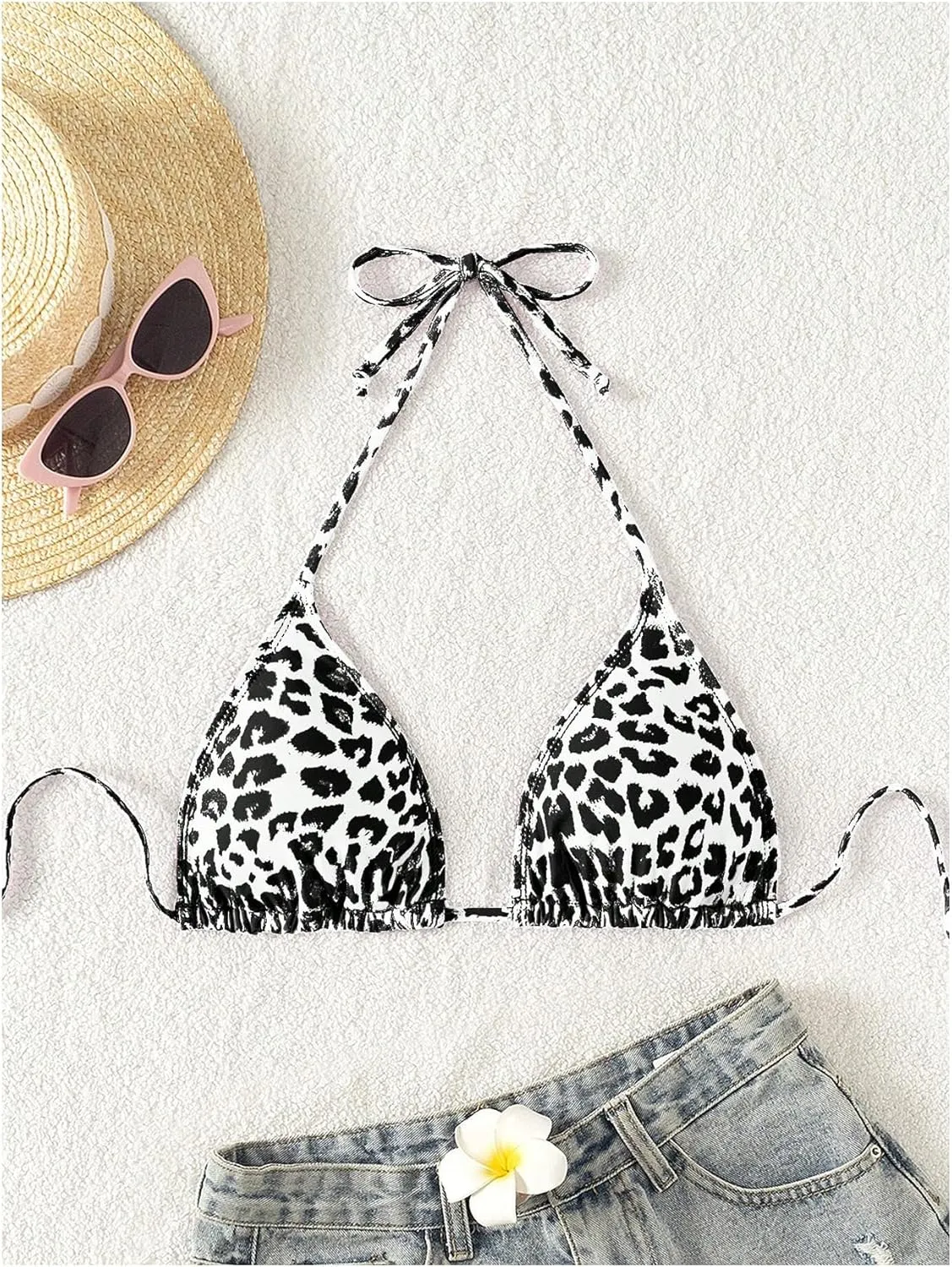 WDIRARA Women's Y2k Leopard Graphic Triangle Bikini Top Micro Halter Swimsuit Tops