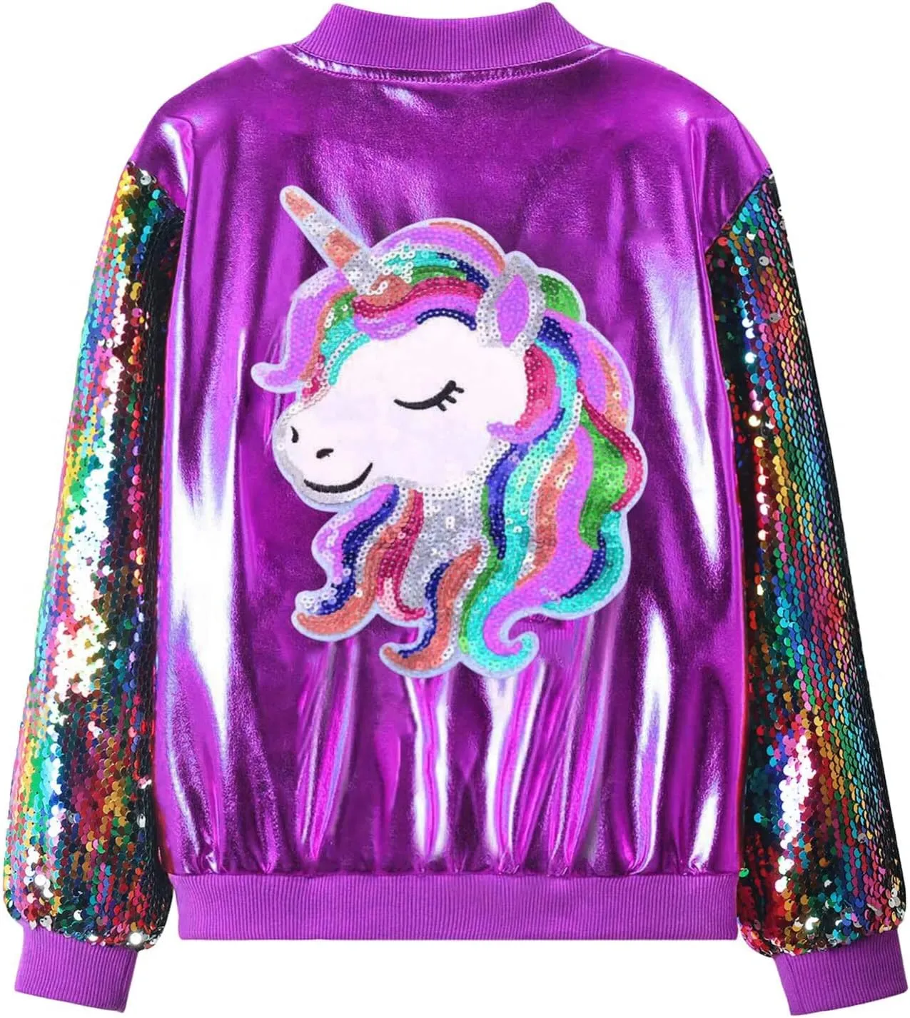 WELAKEN Uniocrn Bomber Jacket With Sparkly Sleeve For Girls, Toddler & Kids Sequin Lightweight Flight Jacket