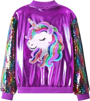 WELAKEN Uniocrn Bomber Jacket With Sparkly Sleeve For Girls, Toddler & Kids Sequin Lightweight Flight Jacket