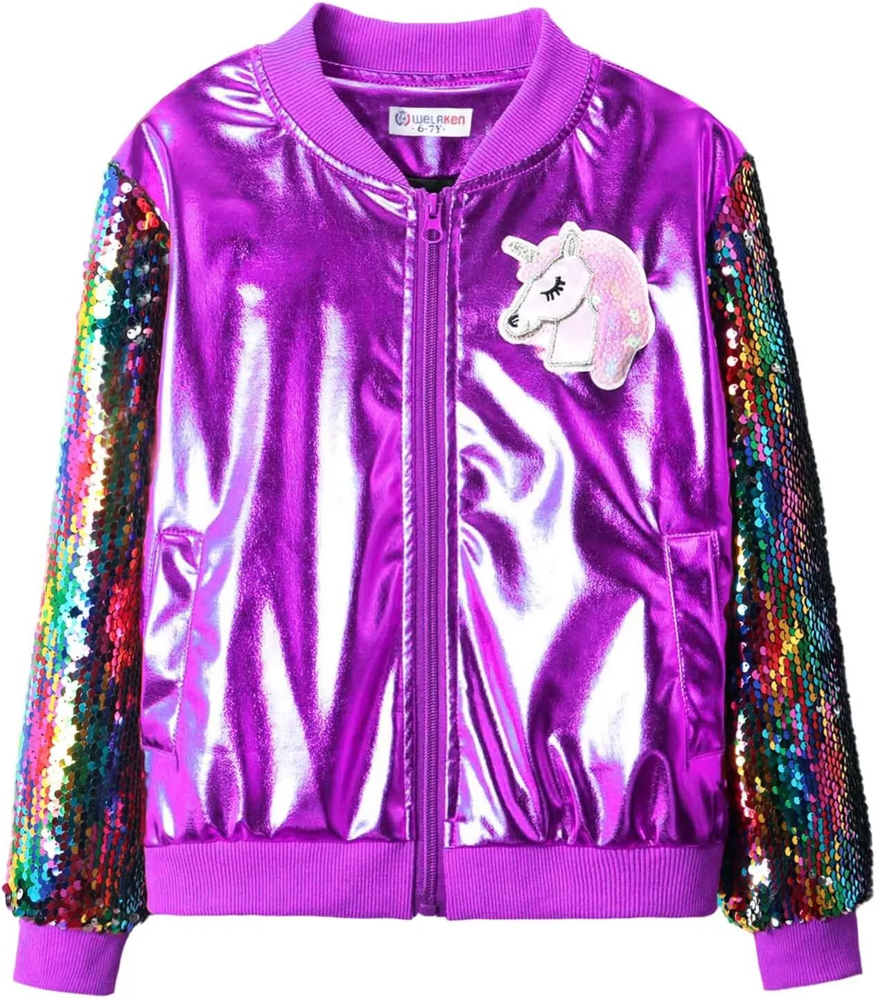WELAKEN Uniocrn Bomber Jacket With Sparkly Sleeve For Girls, Toddler & Kids Sequin Lightweight Flight Jacket