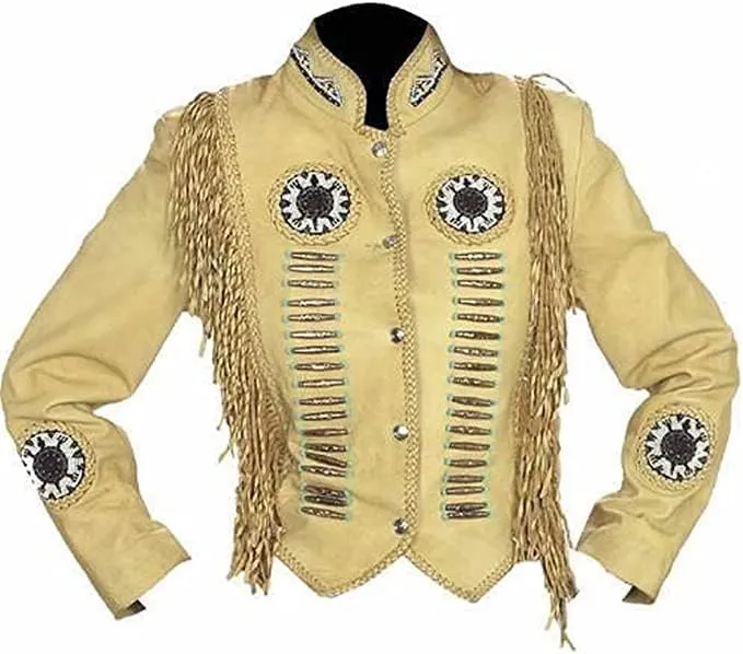 Western Genuine Leather Suede Jacket Women Cowlady Native American Lady Beaded & Fringe Cowgirl Jacket Tassels