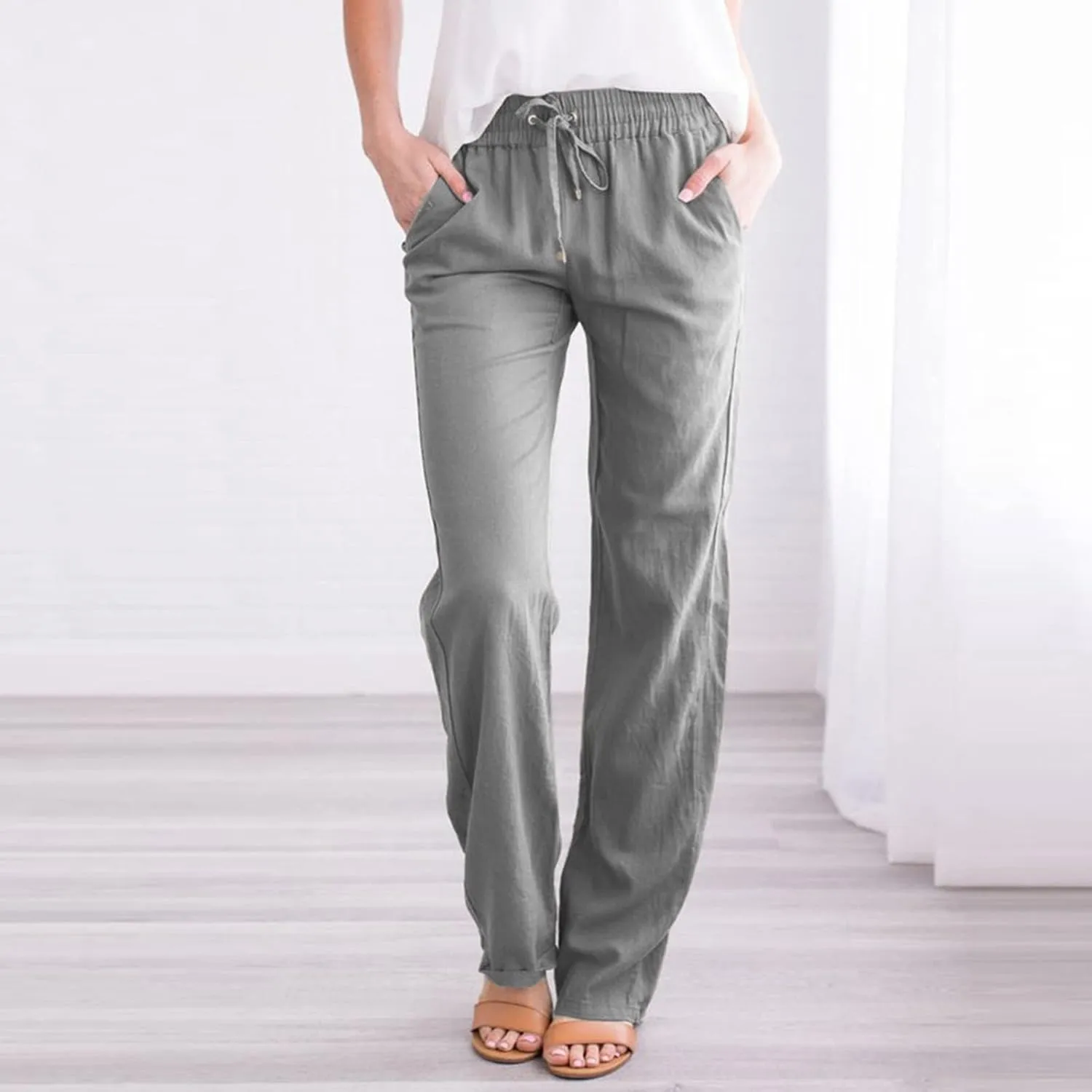 White Linen Pants Women Wide Leg Dress Pants Summer Relax Fit Elastic Waist Women's Cotton Linen Casual Beach Long Pants
