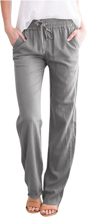 White Linen Pants Women Wide Leg Dress Pants Summer Relax Fit Elastic Waist Women's Cotton Linen Casual Beach Long Pants