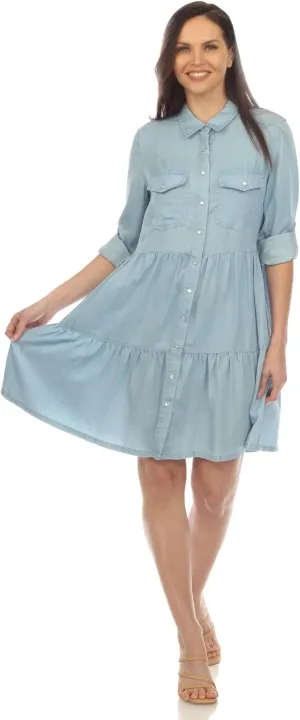 white mark Women's Long Sleeve Tiered Midi Shirt Dress