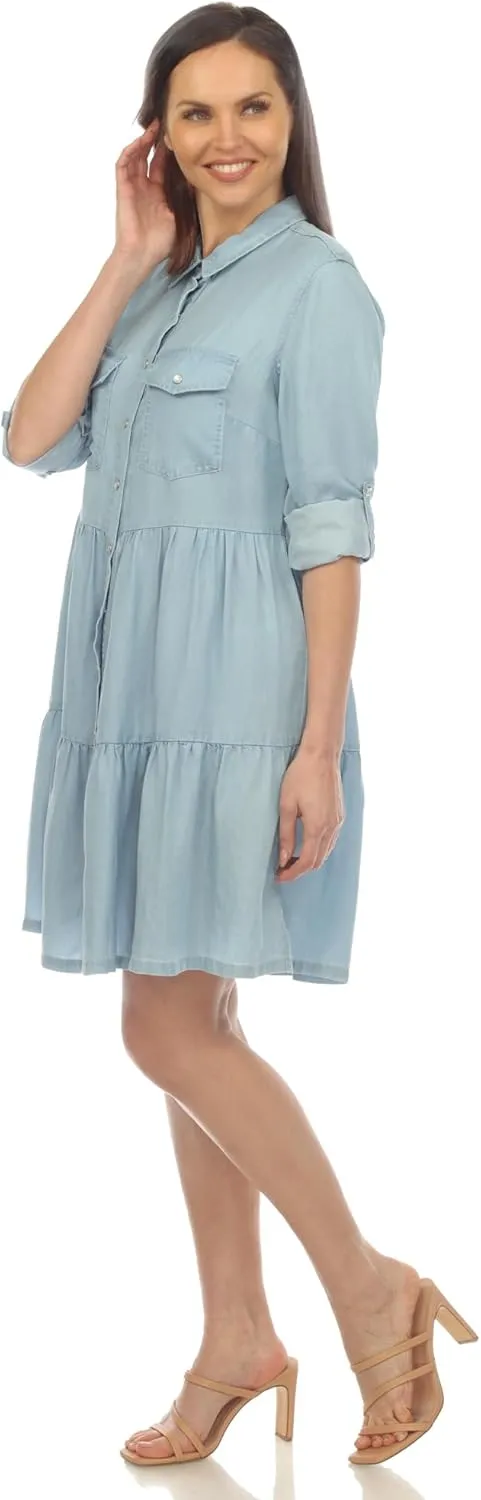 white mark Women's Long Sleeve Tiered Midi Shirt Dress