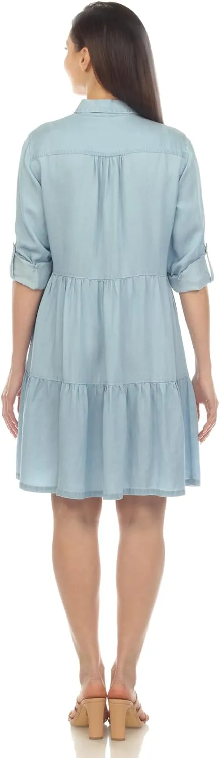 white mark Women's Long Sleeve Tiered Midi Shirt Dress