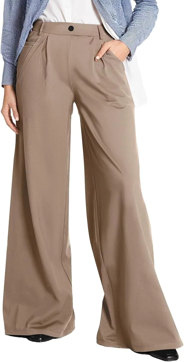 Wide Leg Dress Pants Women Dressy Elastic High Waist Lounge Pant Baggy Y2k Trendy Flared Yoga Pants with Pockets