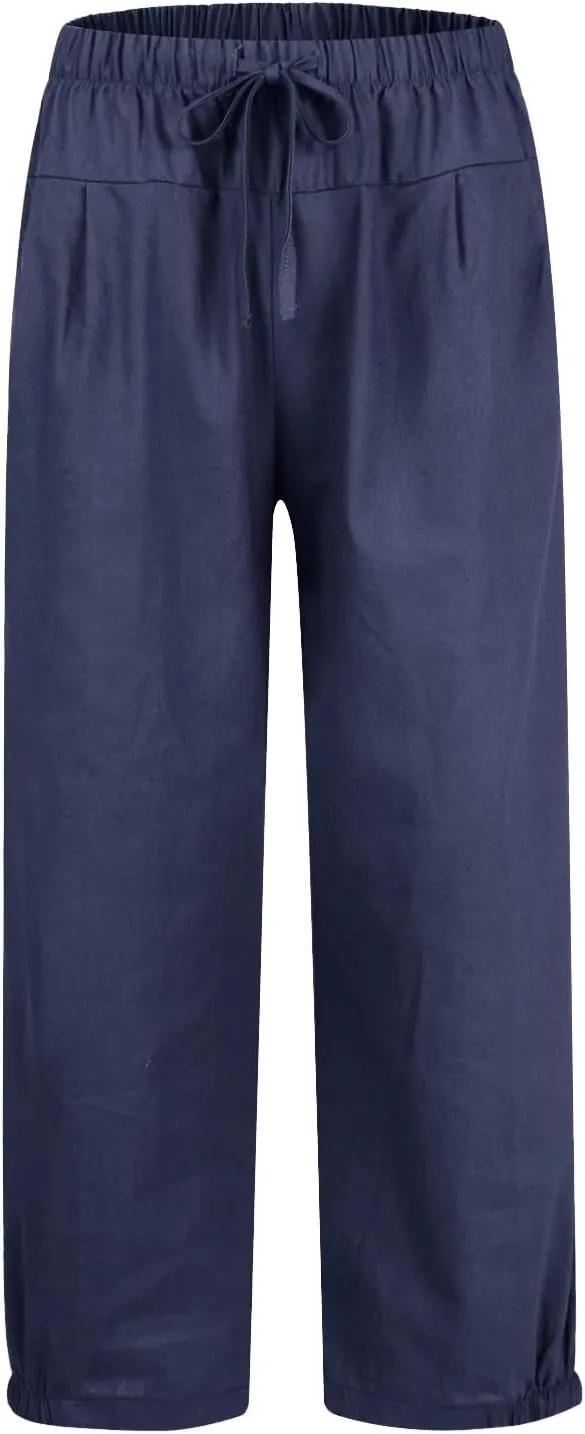 Wide Leg Linen Pants for Women Casual Elastic High Waisted Summer Cropped Pants with Pockets Loose Fit Beach Trouser