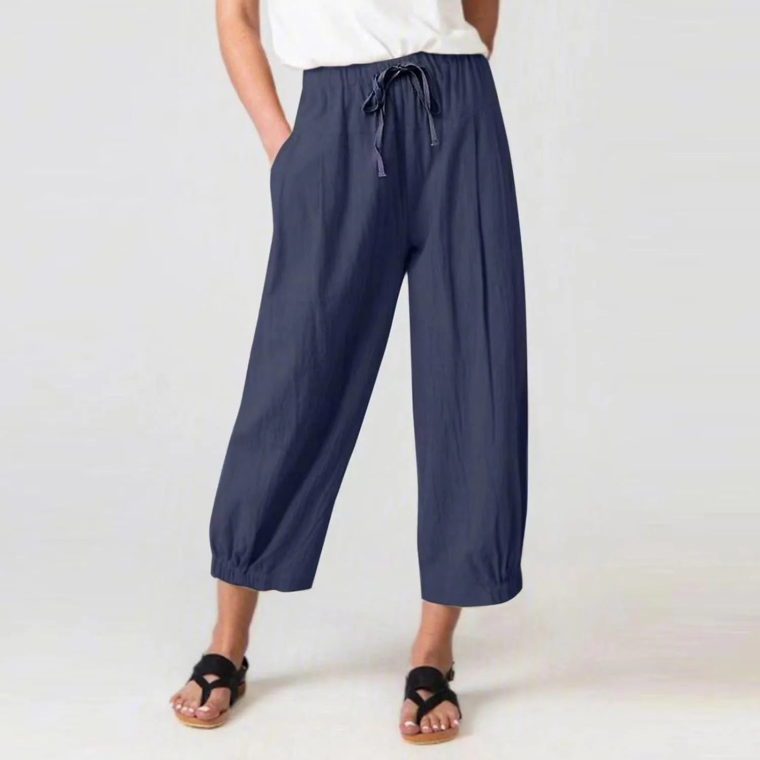 Wide Leg Linen Pants for Women Casual Elastic High Waisted Summer Cropped Pants with Pockets Loose Fit Beach Trouser