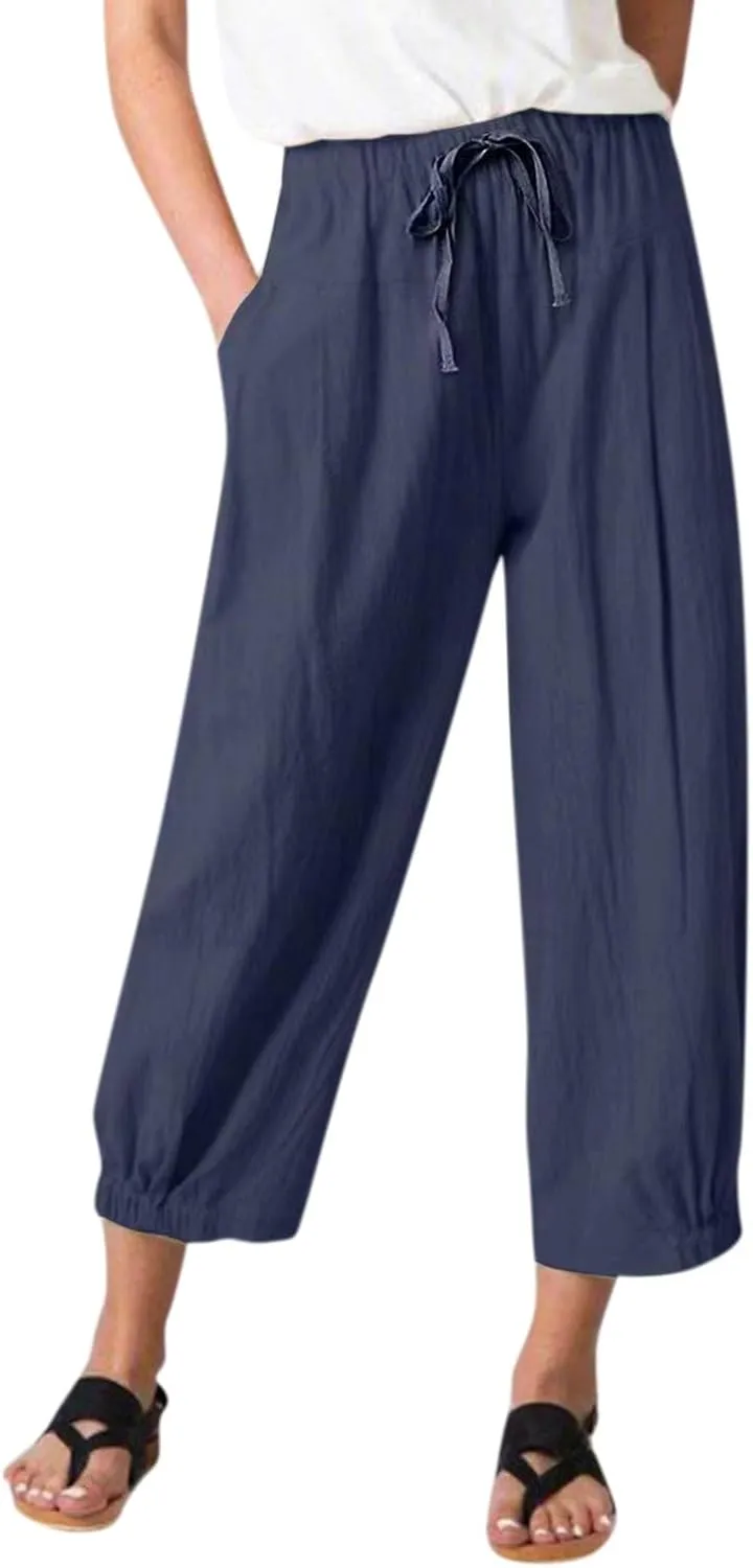 Wide Leg Linen Pants for Women Casual Elastic High Waisted Summer Cropped Pants with Pockets Loose Fit Beach Trouser