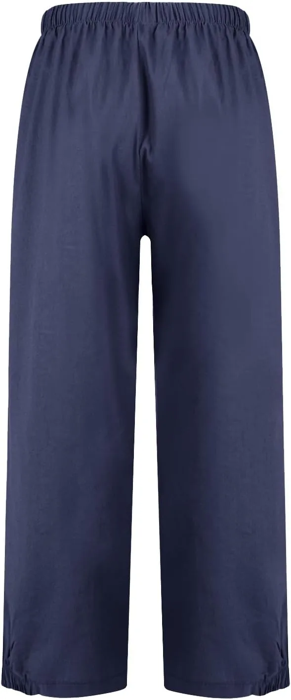 Wide Leg Linen Pants for Women Casual Elastic High Waisted Summer Cropped Pants with Pockets Loose Fit Beach Trouser