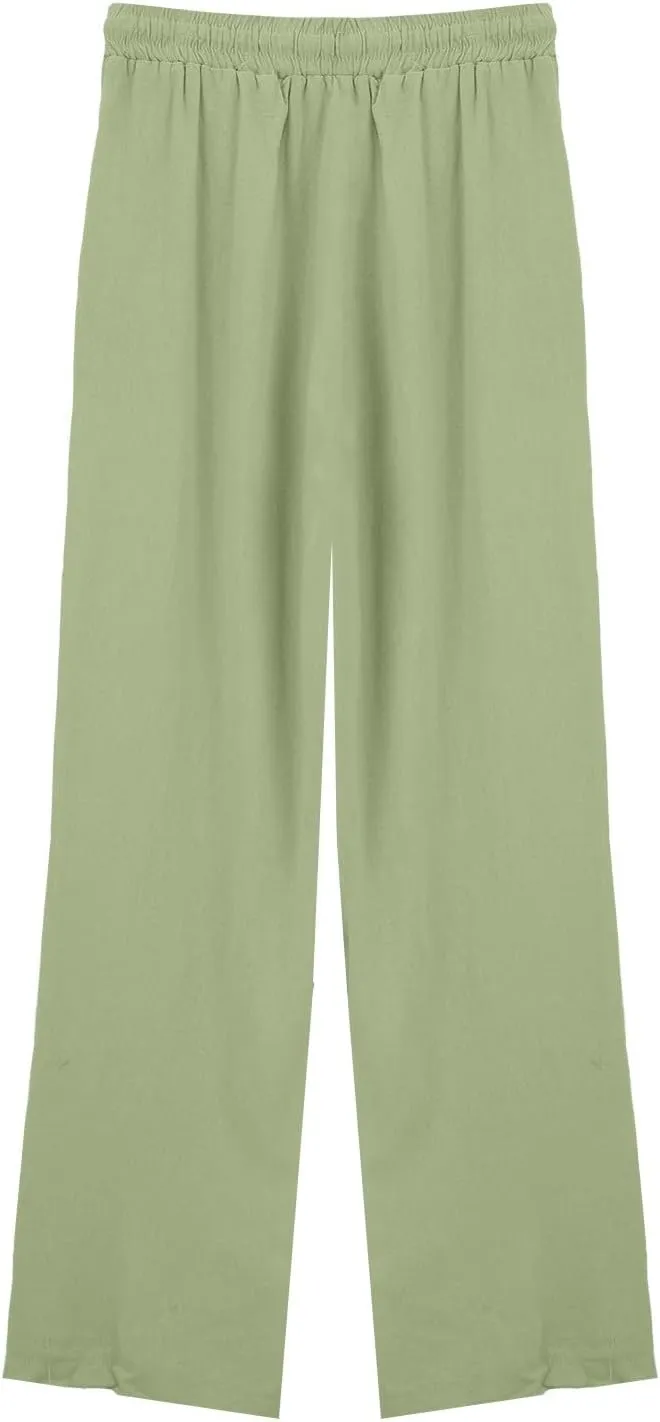 Wide Leg Linen Pants for Women Casual High Waisted Palazzo Crop Pants Lightweight Summer Flowy Trousers with Pockets