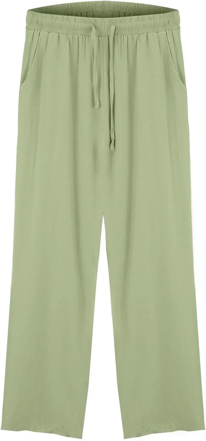 Wide Leg Linen Pants for Women Casual High Waisted Palazzo Crop Pants Lightweight Summer Flowy Trousers with Pockets