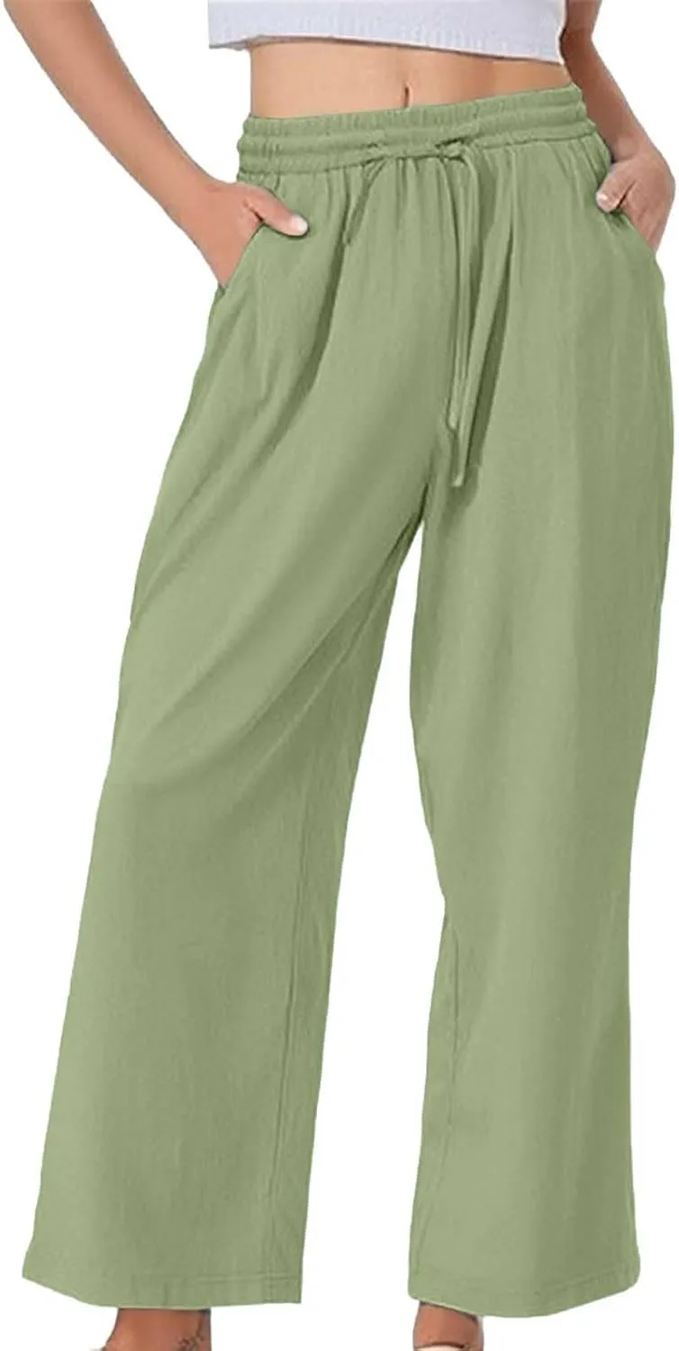 Wide Leg Linen Pants for Women Casual High Waisted Palazzo Crop Pants Lightweight Summer Flowy Trousers with Pockets