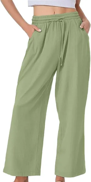 Wide Leg Linen Pants for Women Casual High Waisted Palazzo Crop Pants Lightweight Summer Flowy Trousers with Pockets