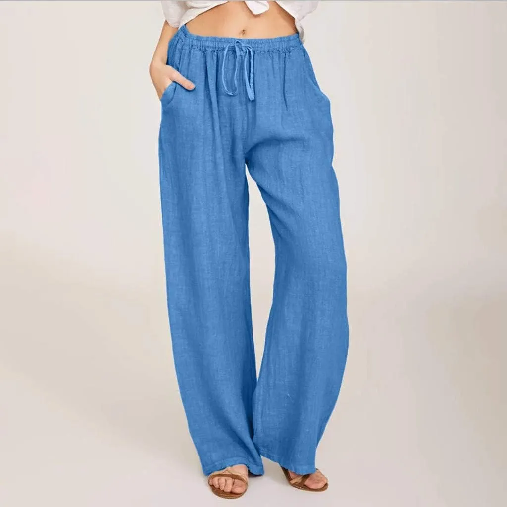 Wide Leg Pants for Women 2025 Summer Drawstring Cotton Linen Pants Lightweight Loose Fit Comfy Trousers with Pockets