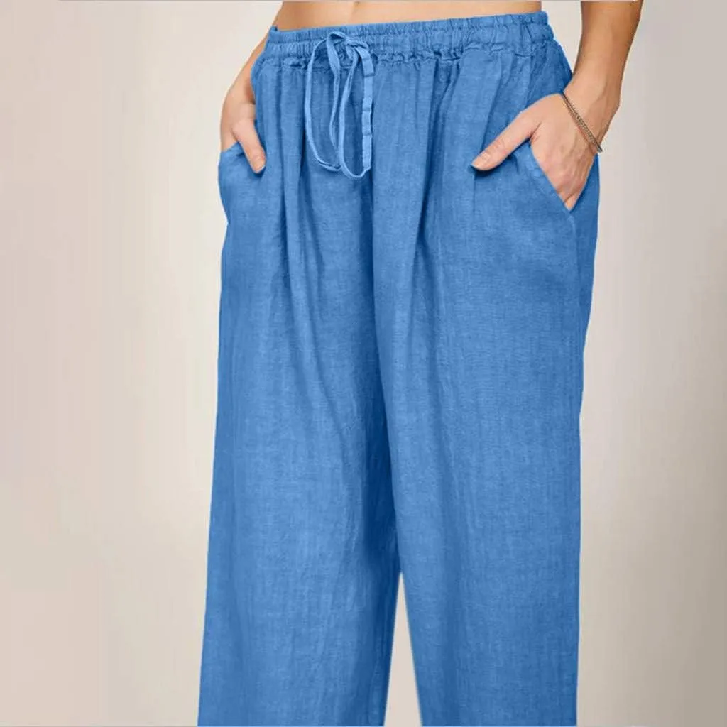 Wide Leg Pants for Women 2025 Summer Drawstring Cotton Linen Pants Lightweight Loose Fit Comfy Trousers with Pockets