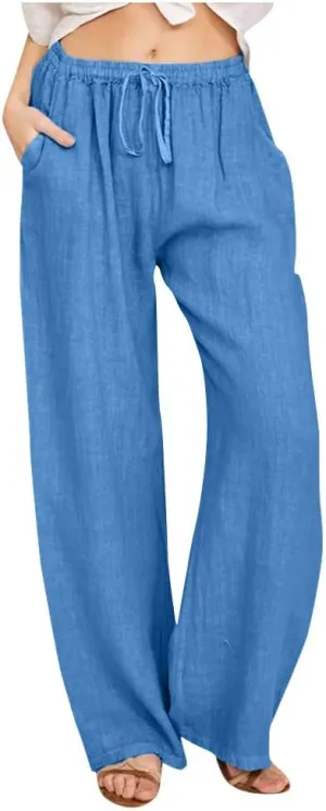 Wide Leg Pants for Women 2025 Summer Drawstring Cotton Linen Pants Lightweight Loose Fit Comfy Trousers with Pockets