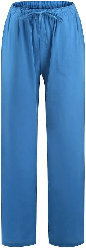 Wide Leg Pants for Women 2025 Summer Drawstring Cotton Linen Pants Lightweight Loose Fit Comfy Trousers with Pockets