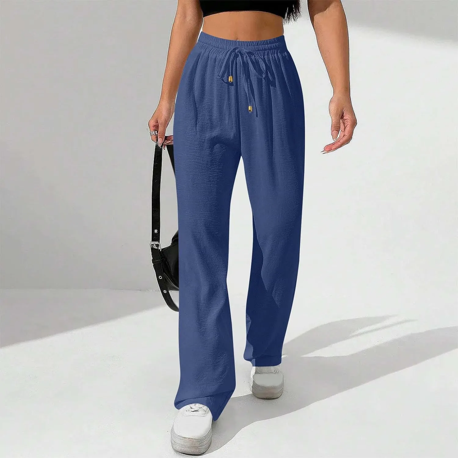 Wide Leg Pants for Women Elastic High Waist Drawstring Baggy Trousers Solid Color Loose Fit Flowy Beach Palazzo Pant