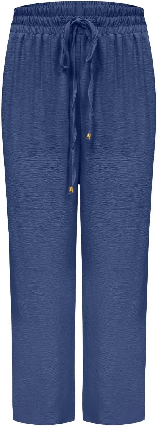 Wide Leg Pants for Women Elastic High Waist Drawstring Baggy Trousers Solid Color Loose Fit Flowy Beach Palazzo Pant