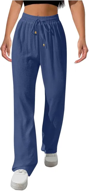 Wide Leg Pants for Women Elastic High Waist Drawstring Baggy Trousers Solid Color Loose Fit Flowy Beach Palazzo Pant