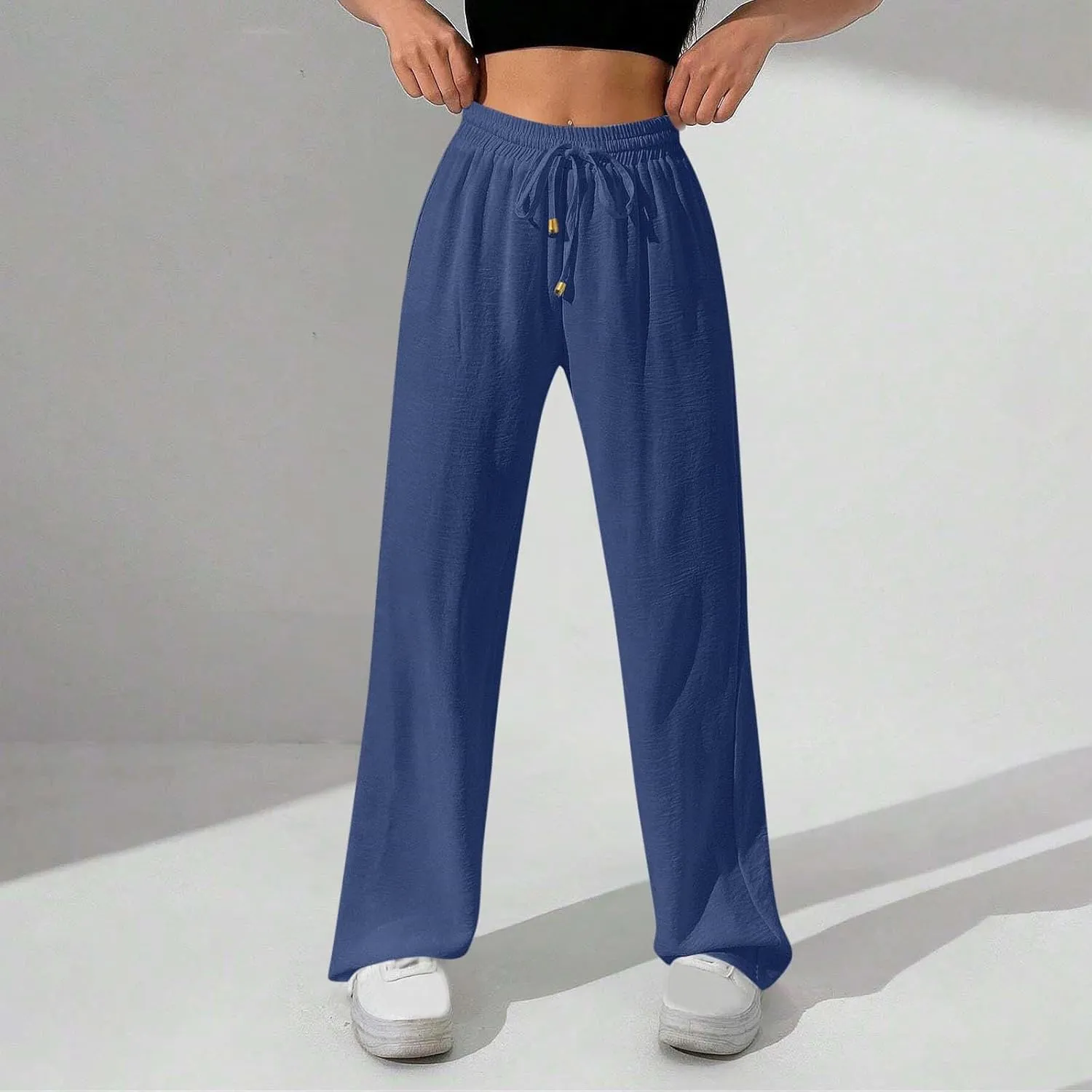 Wide Leg Pants for Women Elastic High Waist Drawstring Baggy Trousers Solid Color Loose Fit Flowy Beach Palazzo Pant