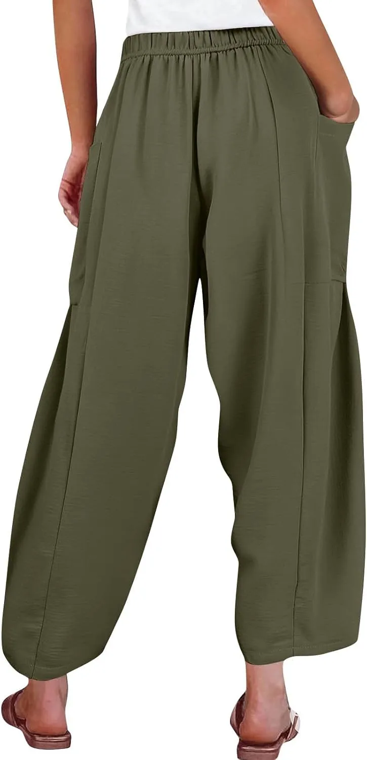 Wide Leg Pants Woman High Waisted Drawstring Casual Boho Pants Summer Baggy Trendy Palazzo Harem Trousers with Pockets