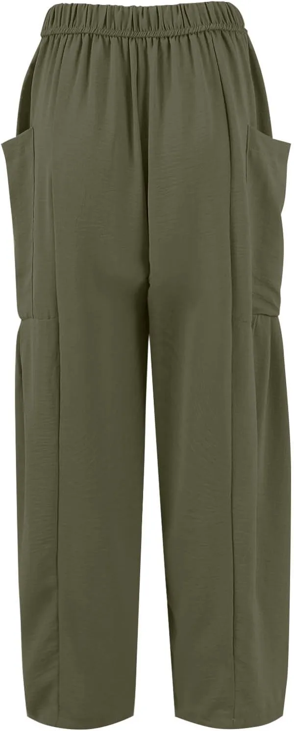 Wide Leg Pants Woman High Waisted Drawstring Casual Boho Pants Summer Baggy Trendy Palazzo Harem Trousers with Pockets