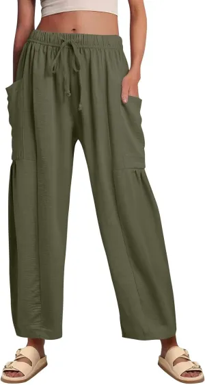 Wide Leg Pants Woman High Waisted Drawstring Casual Boho Pants Summer Baggy Trendy Palazzo Harem Trousers with Pockets