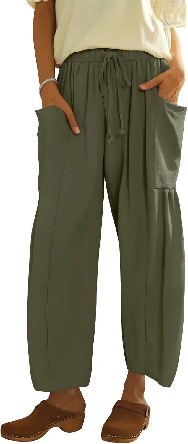 Wide Leg Pants Woman High Waisted Drawstring Casual Boho Pants Summer Baggy Trendy Palazzo Harem Trousers with Pockets