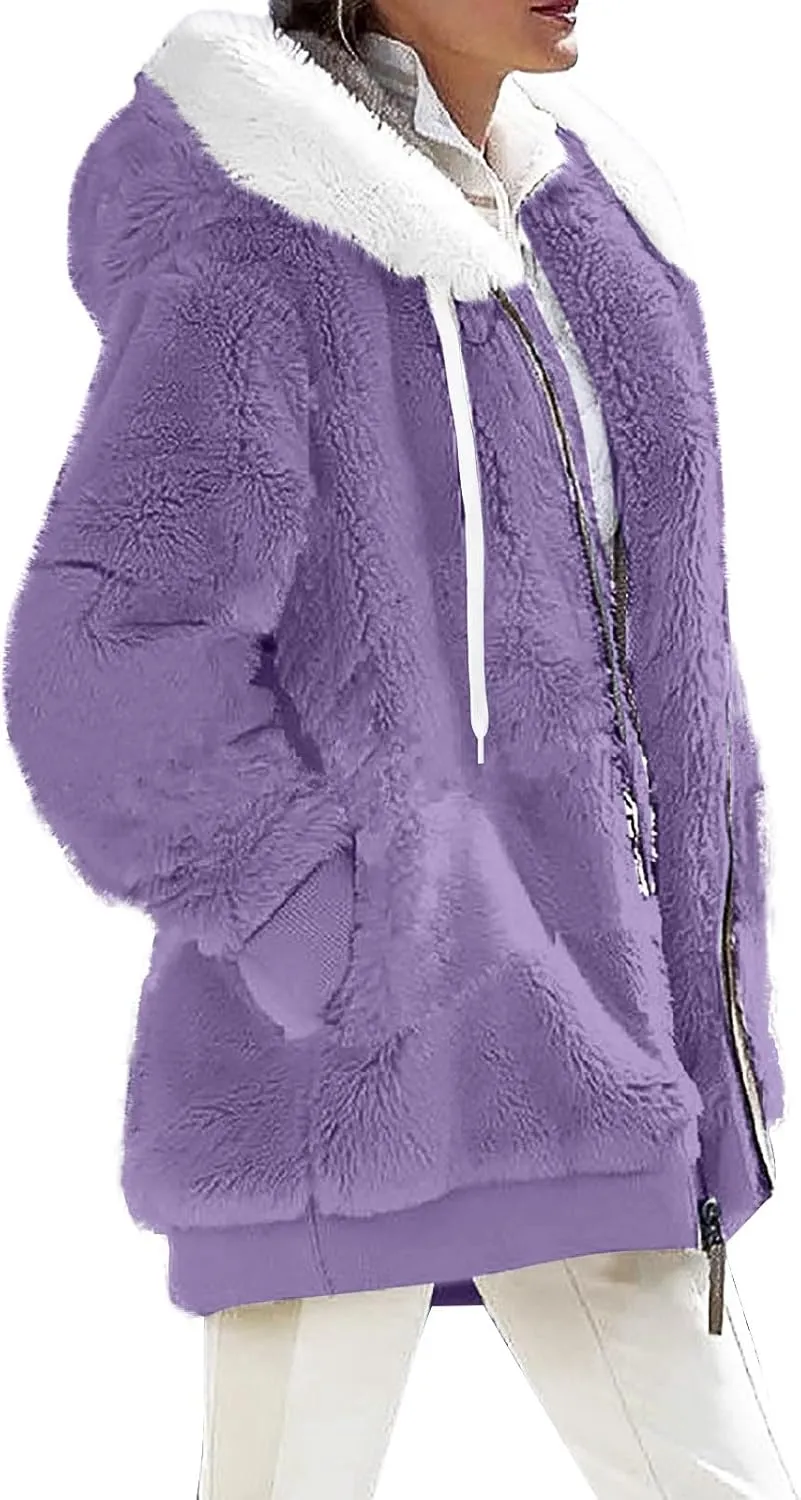 Winter Coats for Women Plus Size Fuzzy Sherpa Jacket Hoodies Color Block Warm Faux Fur Coat Outerwear with Pocket S-5X