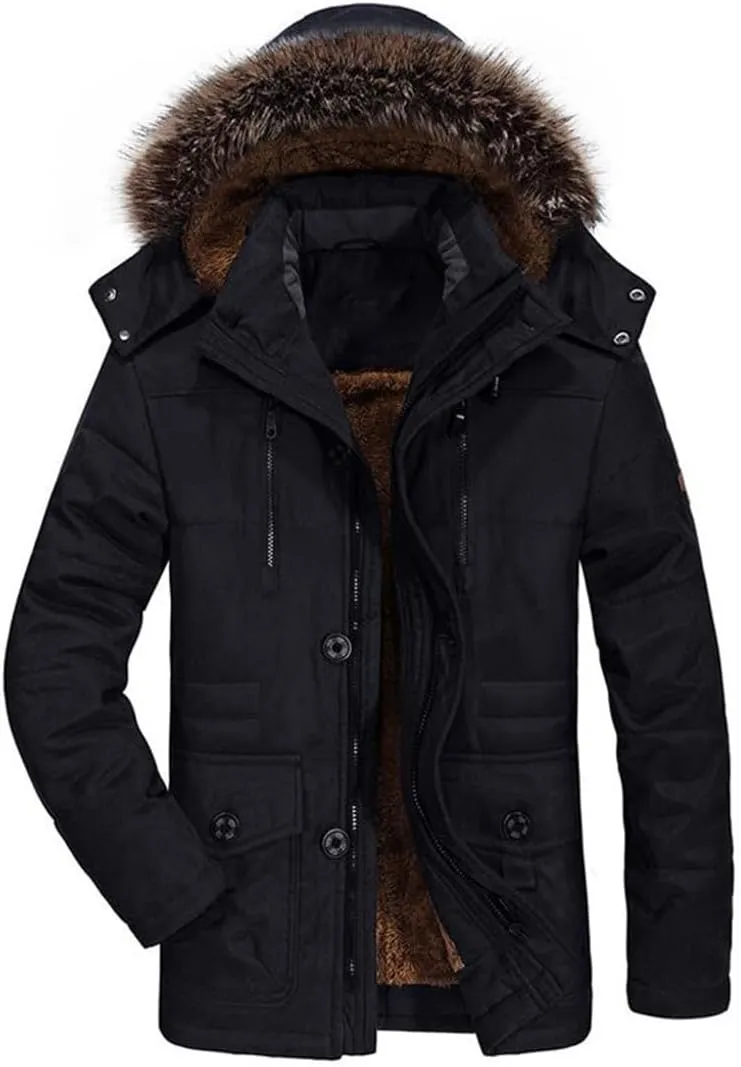 Winter Jacket Men's Plus Size Cotton Padded Warm Parka Coat Casual Faux Fur Hooded Fleece Long Windbreaker