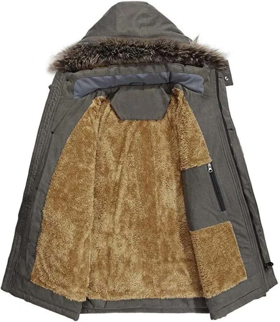 Winter Jacket Men's Plus Size Cotton Padded Warm Parka Coat Casual Faux Fur Hooded Fleece Long Windbreaker