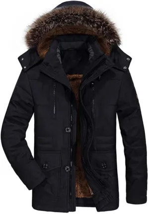 Winter Jacket Men's Plus Size Cotton Padded Warm Parka Coat Casual Faux Fur Hooded Fleece Long Windbreaker