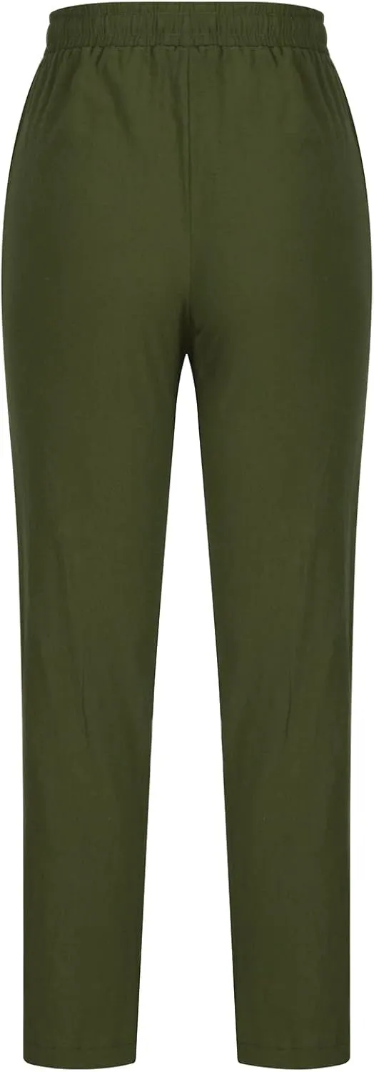 Women Business Casual Cotton Linen Pants Drawstring High Waist Trousers Solid Lightweight Vacation Travel Slacks 2025