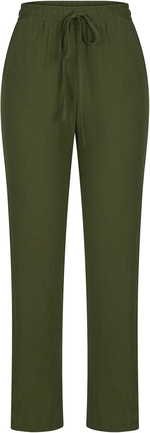 Women Business Casual Cotton Linen Pants Drawstring High Waist Trousers Solid Lightweight Vacation Travel Slacks 2025