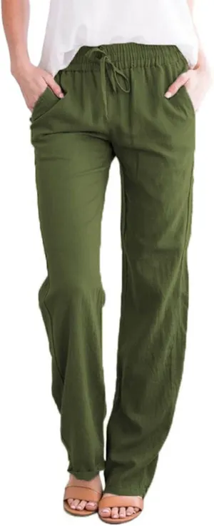 Women Business Casual Cotton Linen Pants Drawstring High Waist Trousers Solid Lightweight Vacation Travel Slacks 2025