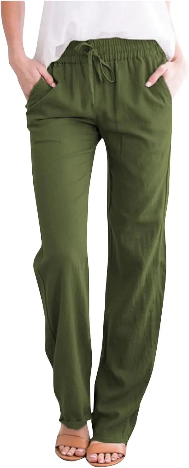 Women Business Casual Cotton Linen Pants Drawstring High Waist Trousers Solid Lightweight Vacation Travel Slacks 2025