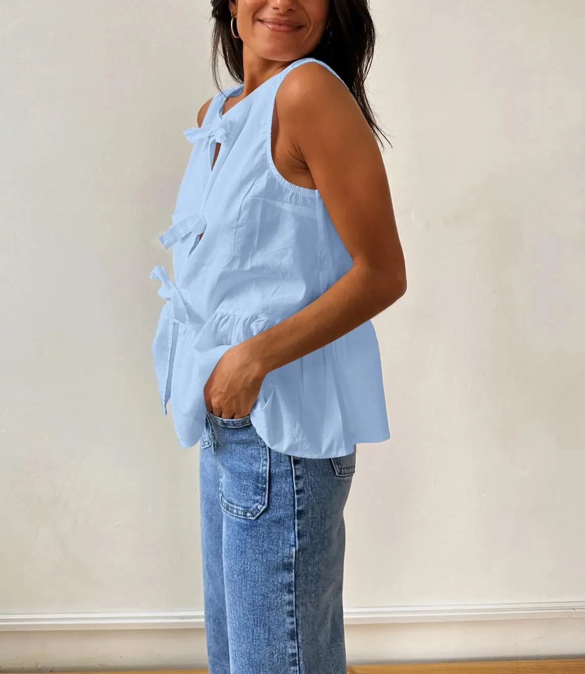 Women Casual Sleeveless Bow Tie Front Peplum Tank Tops Cute Summer Going Out Ruffled Loose Babydoll Blouse Shirts